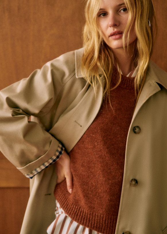 Beige Trench Coat with Checkered Cuff Detail