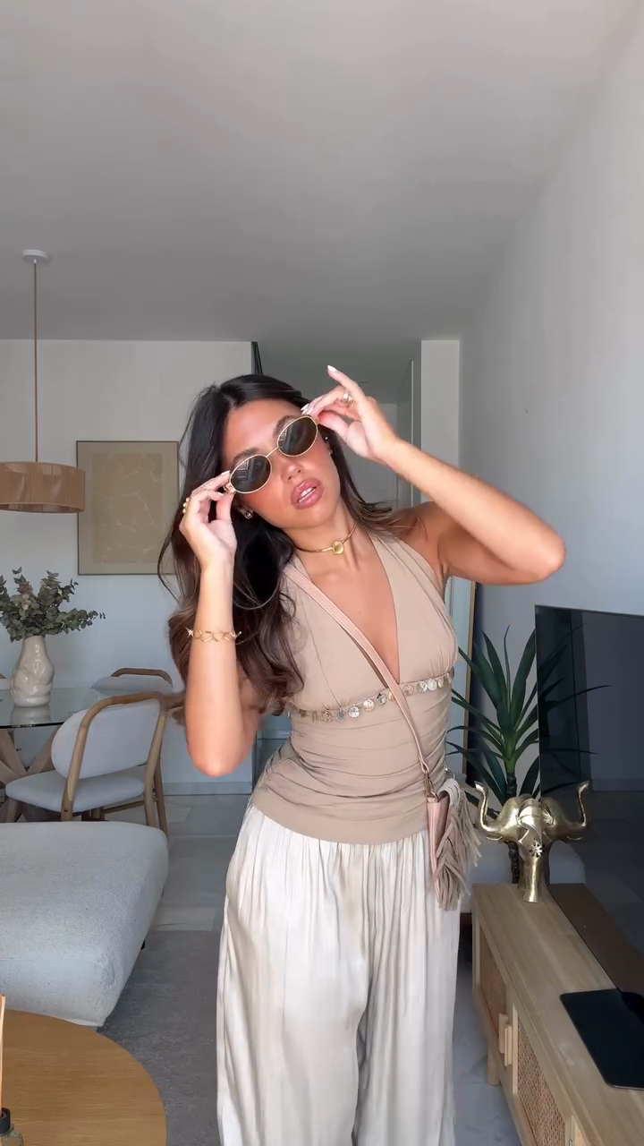 Beige Halter - Neck Top with White Harem Pants