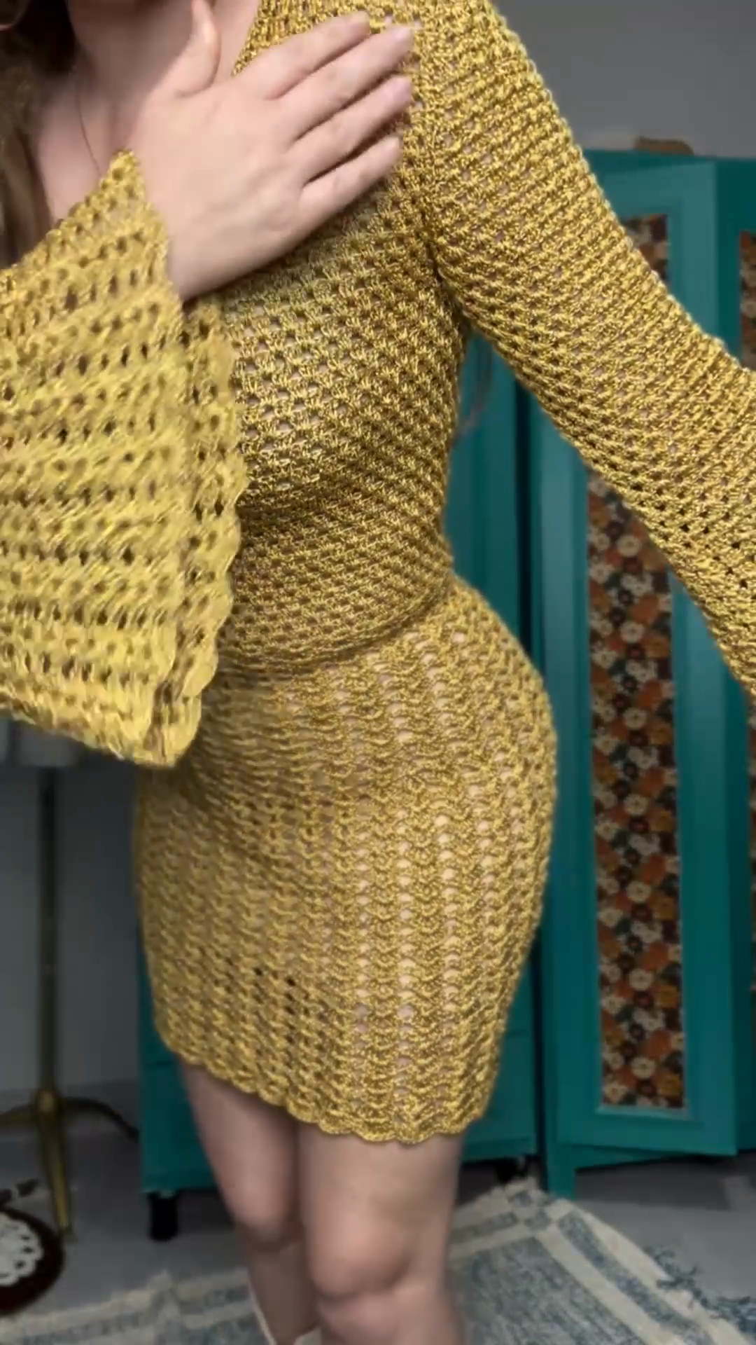 Yellow Crochet Bell - Sleeve Mini Dress