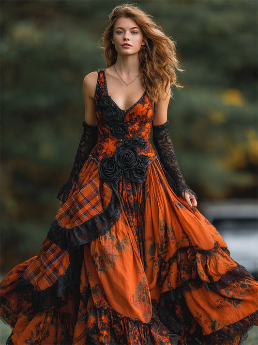 Vintage Gothic Black Roses Plaid Flowy Maxi Dress