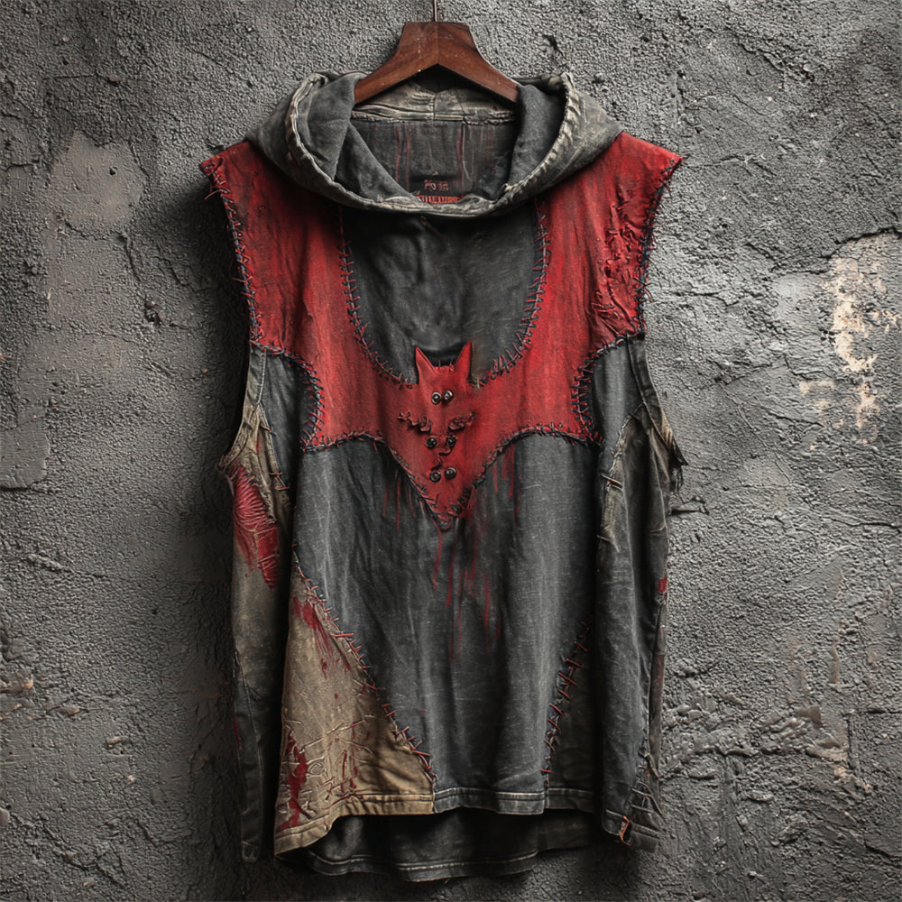 Halloween Bat Vintage Patchwork Men's Hooded Tank