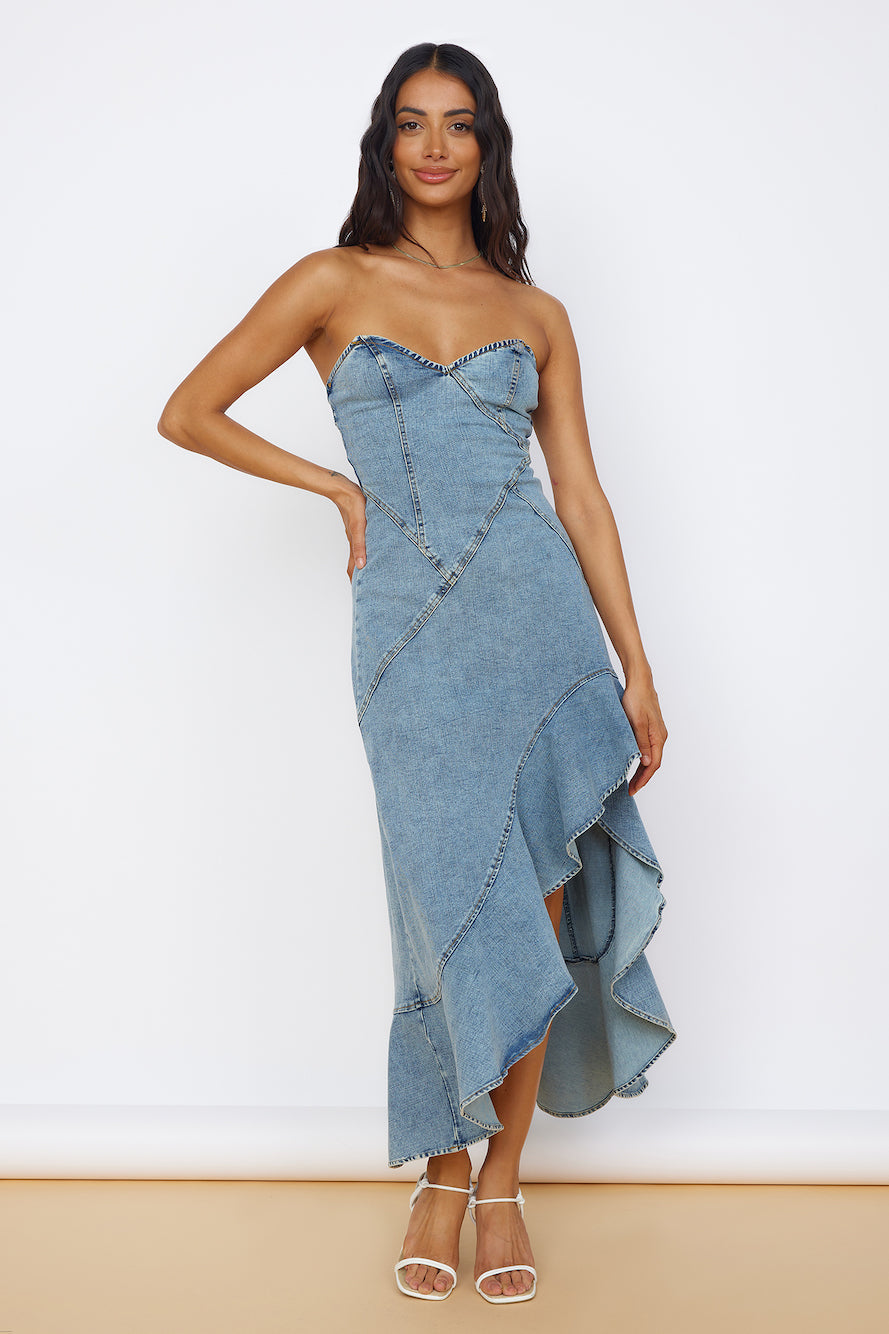 Light Blue Denim Strapless Midi Dress