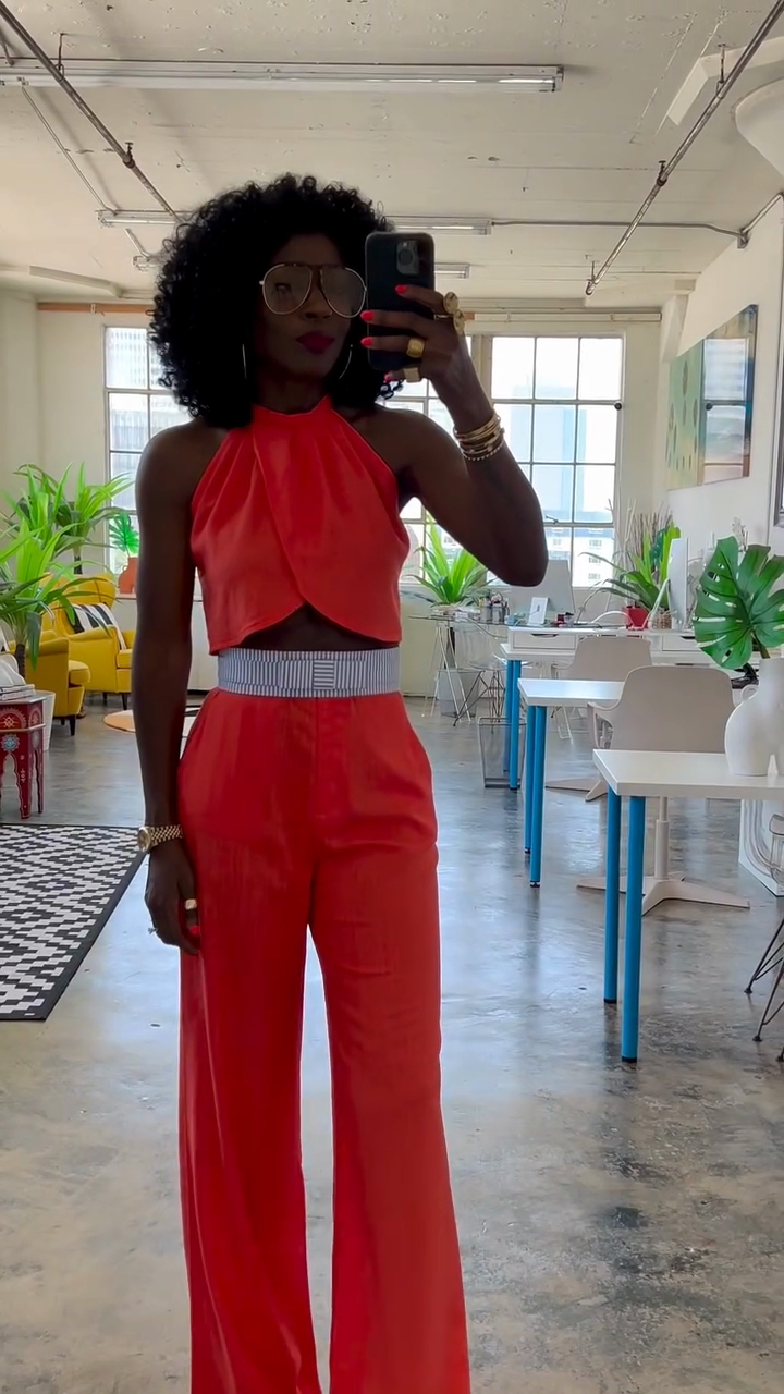 Red Halter Crop Top and Wide - leg Pants Set