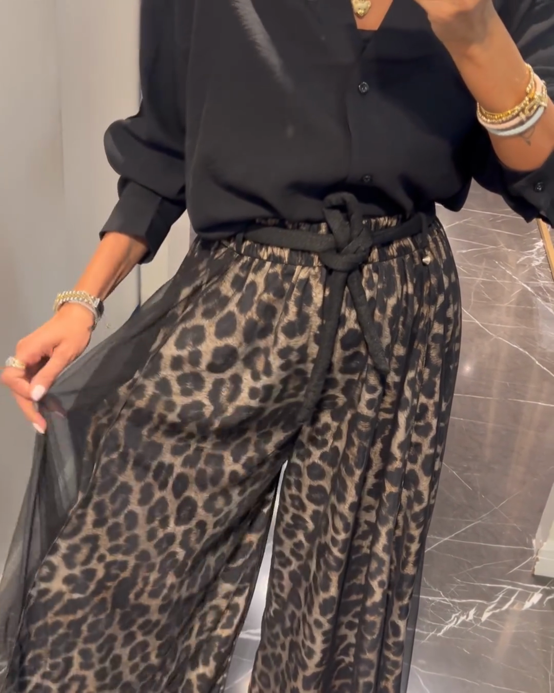Leopard Print Mesh Wide-Leg Pants