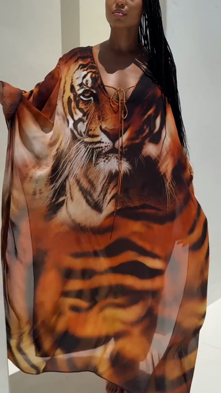 Tiger - Print Kaftan Maxi Dress