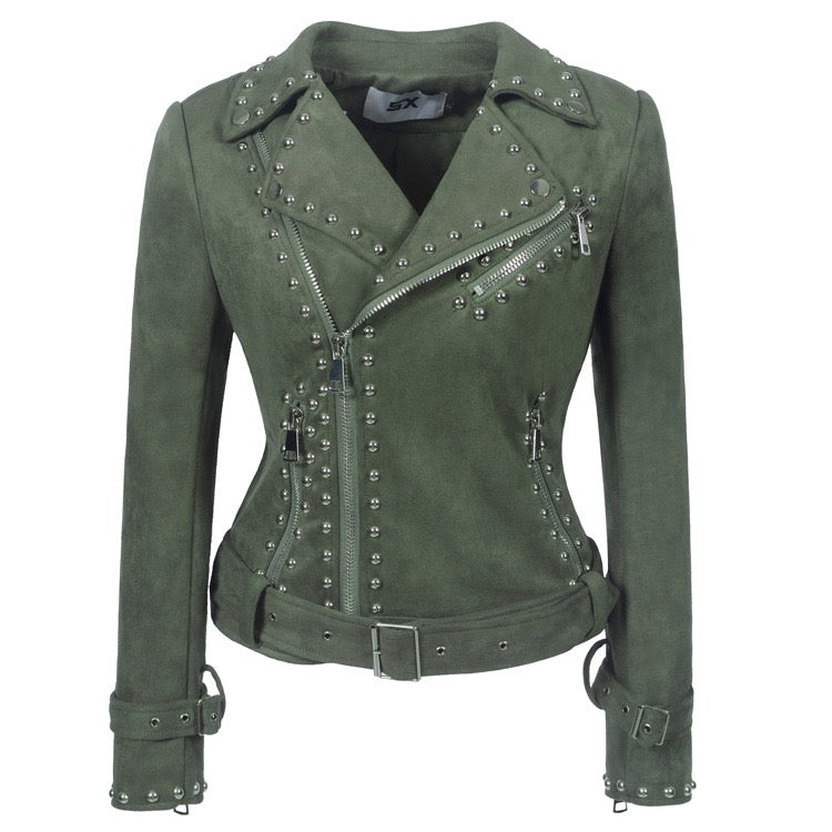 Women's Lapel Zipper Leather Jacket with Punk Studs