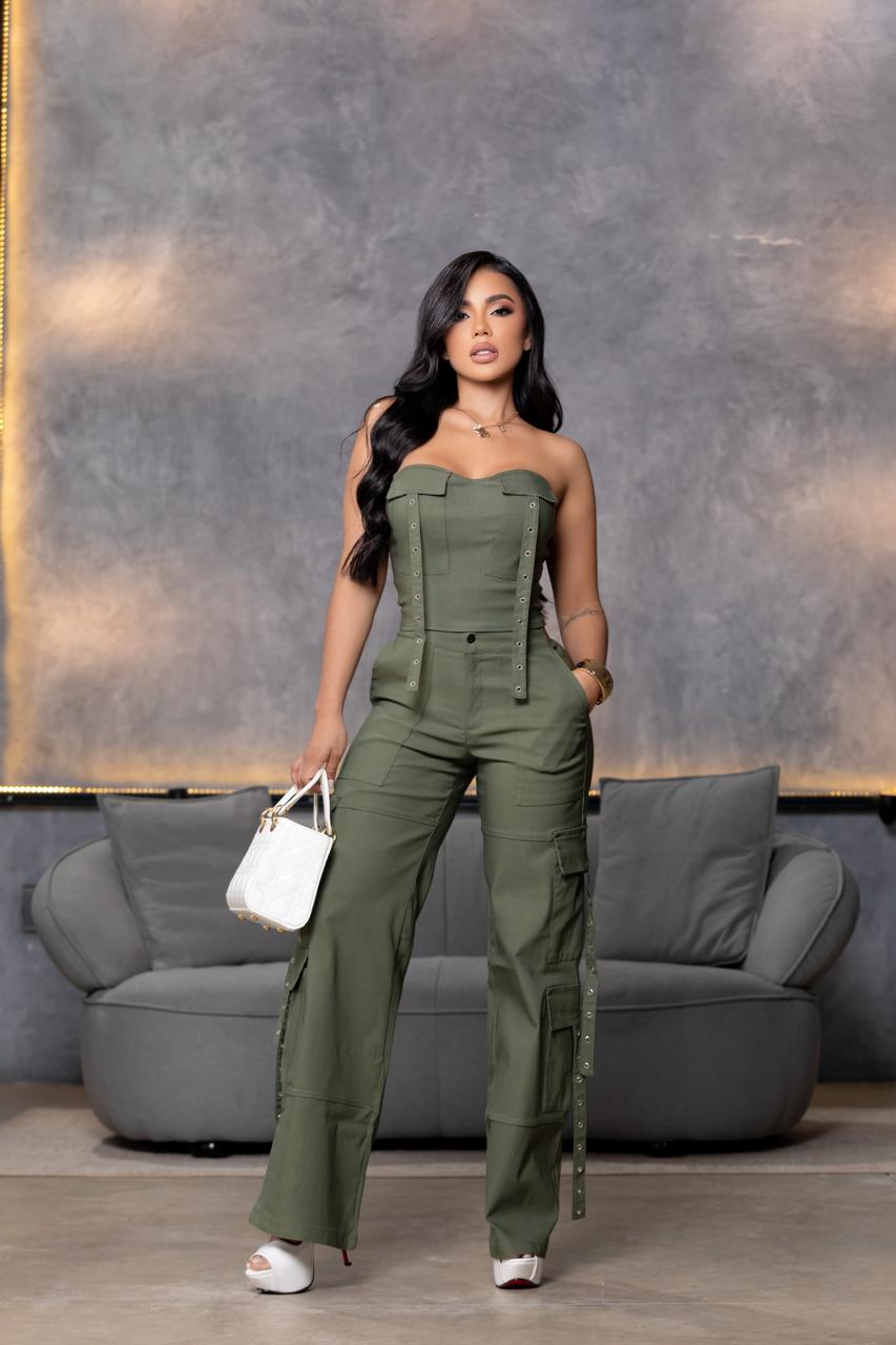 Olive Green Strapless Cargo Jumpsuit