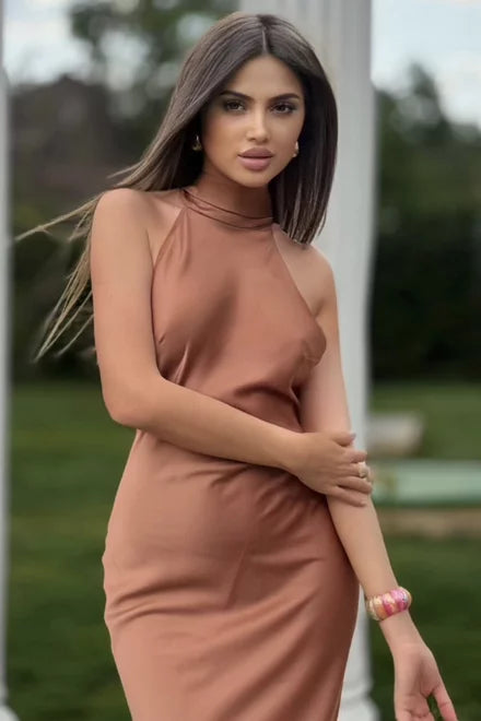 Brown Halter Neckline Maxi Dress
