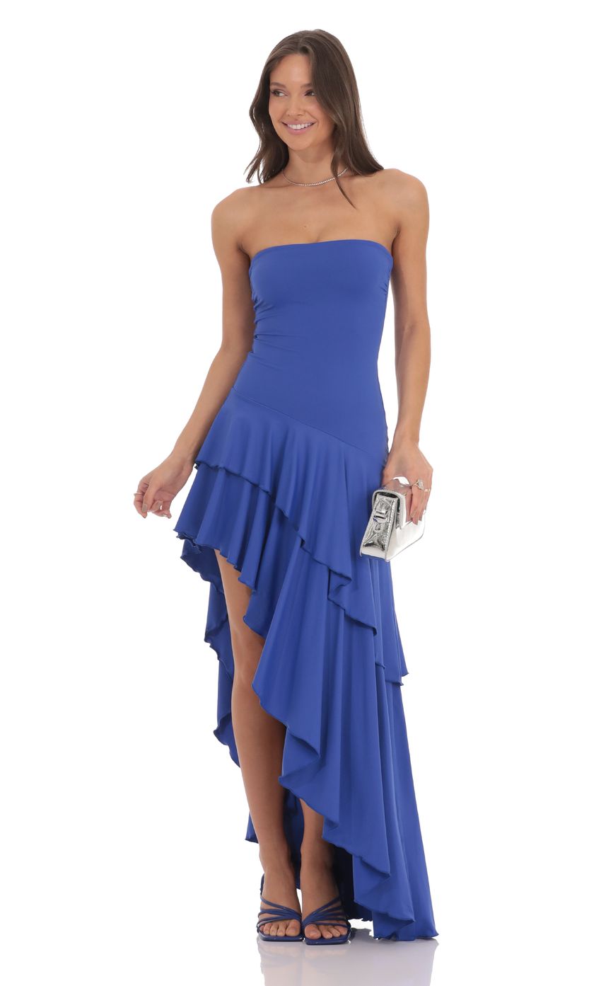 Strapless Ruffle Asymmetrical Maxi Dress