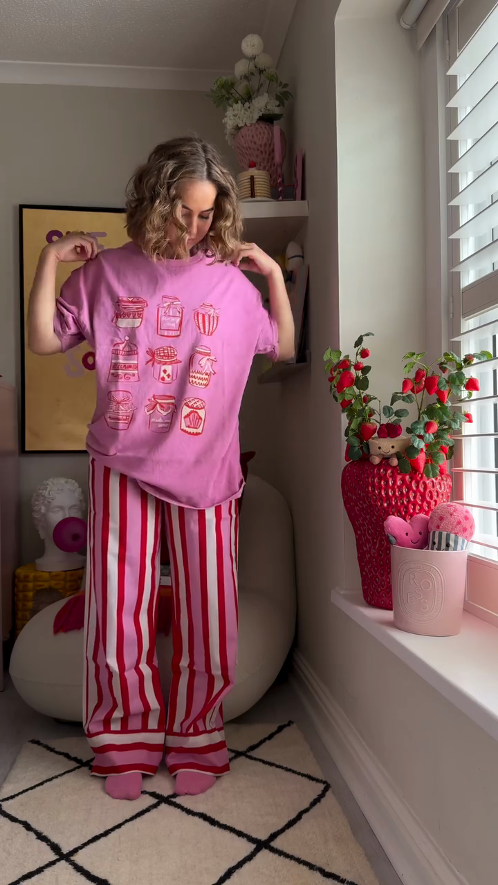 Pink Graphic T - shirt with Red and White Striped Wide - leg Pants Set