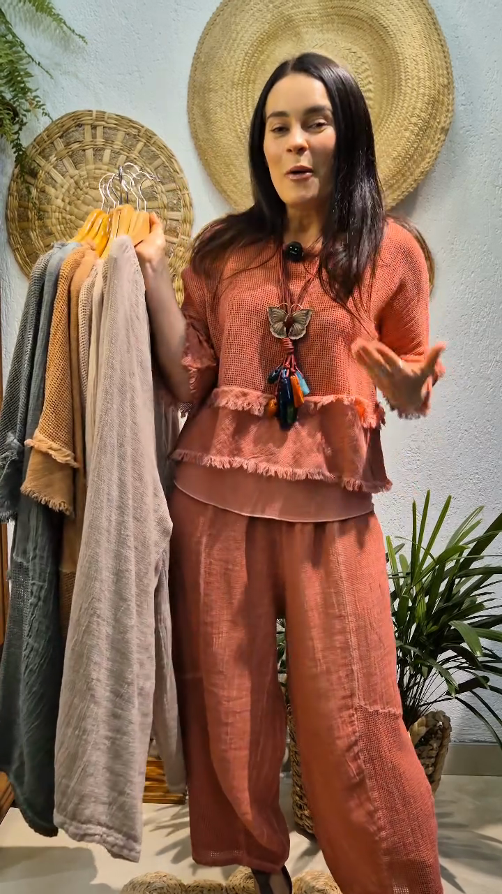 Colored Fringe - Trimmed Top and Pants Set