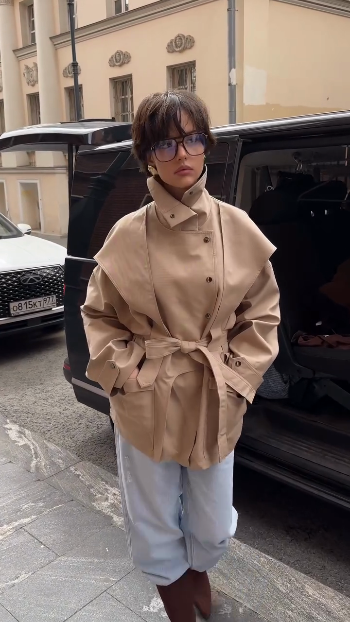 Beige Belted Trench Coat with Cape - like Overlay