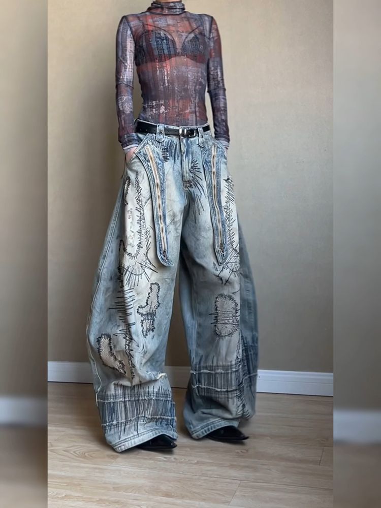 Embroidered Wide - Leg Denim Trousers