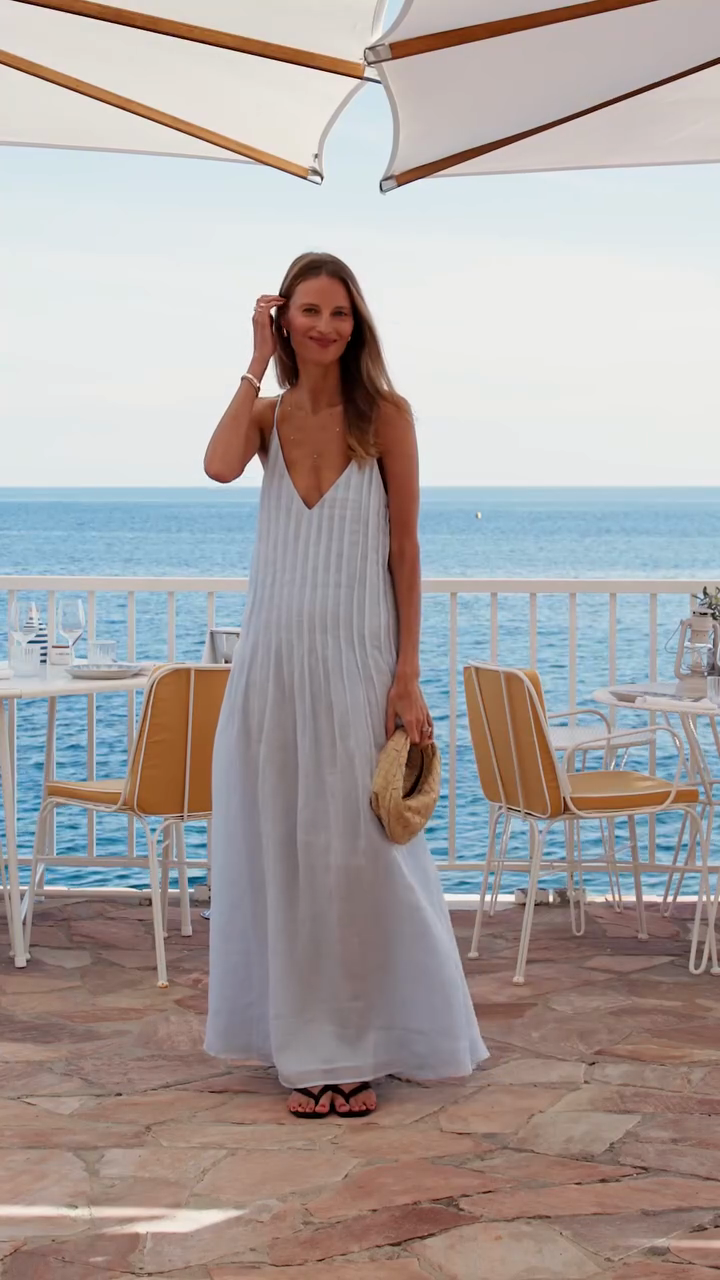 Light Blue Striped Spaghetti - Strap Maxi Dress