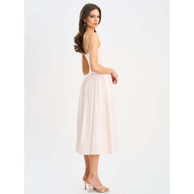 Pink Striped Sweetheart Neck Spaghetti Strap Midi Dress