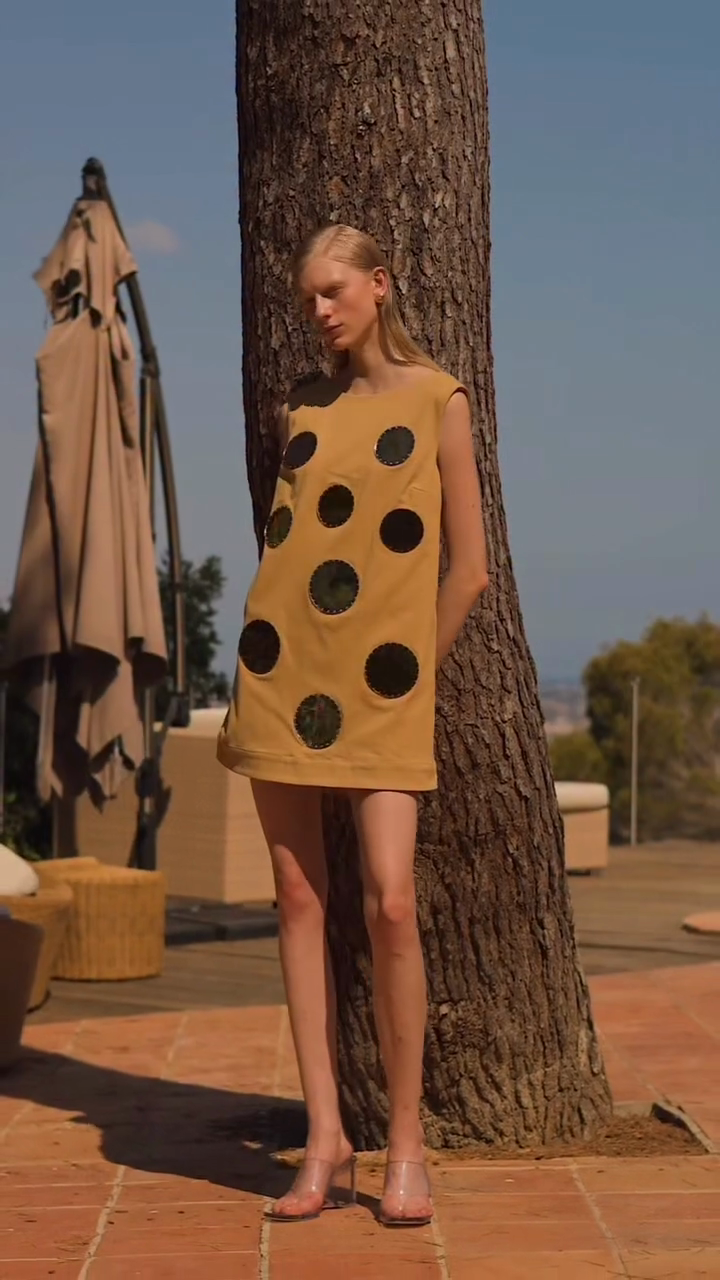 Mustard Yellow Large Circle Hollow Sleeveless Shift Dress