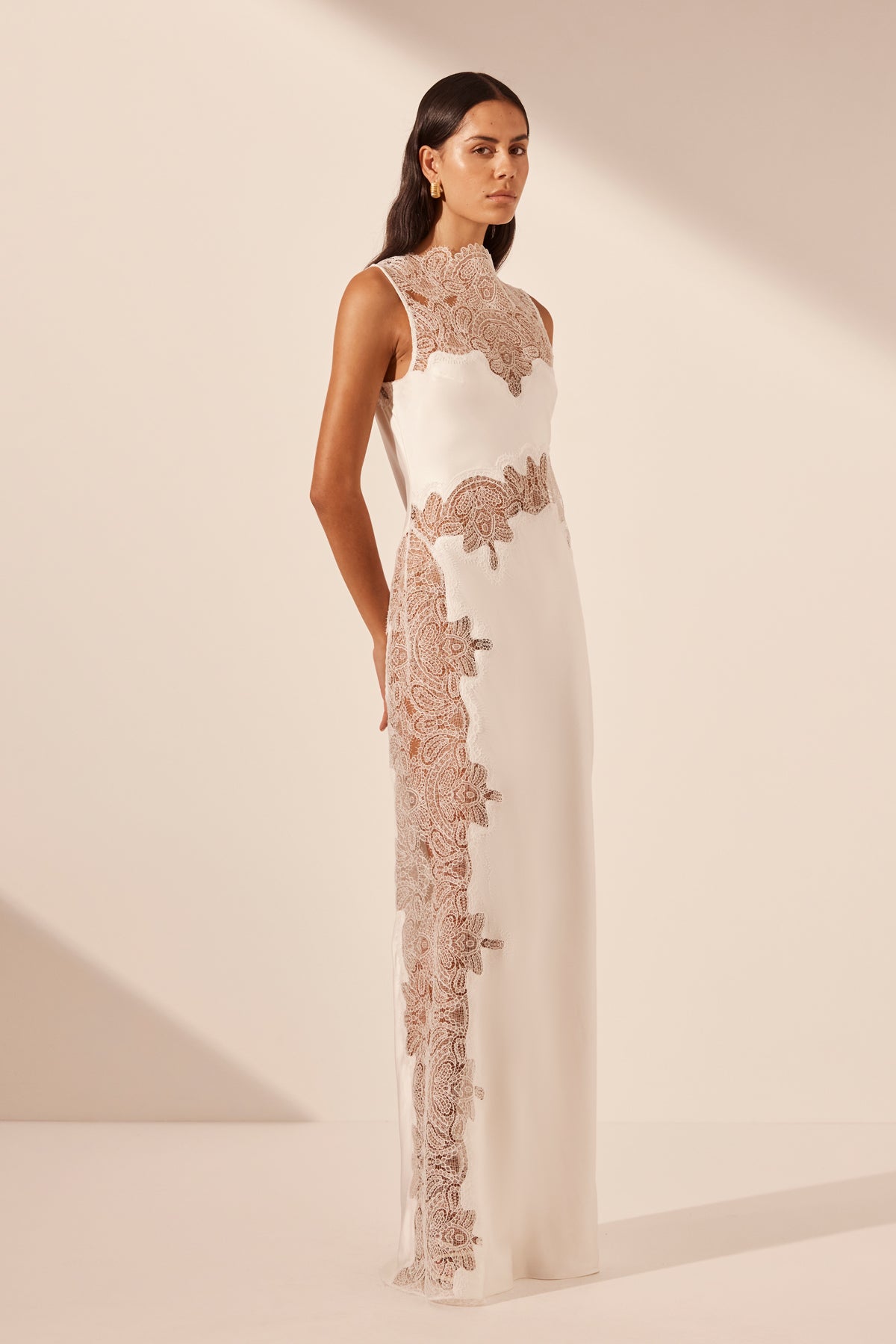 Satin Maxi Dress with Lace Appliqués