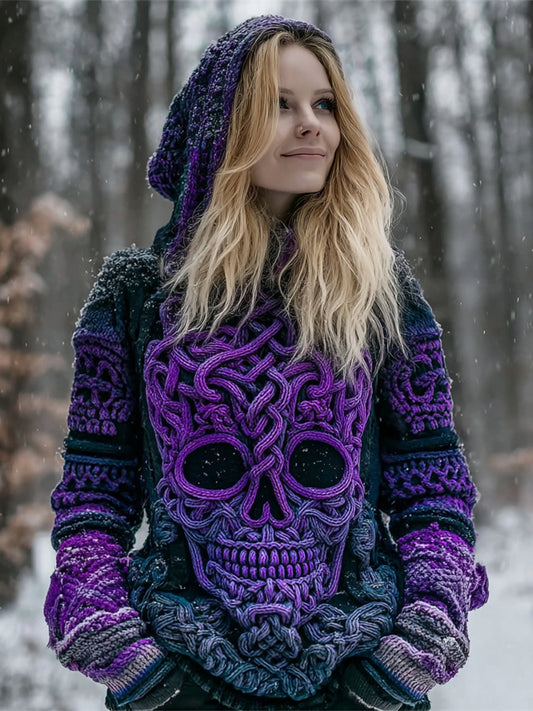 Viking Skull Pattern Women's Chunky Knit Hooded Sweater