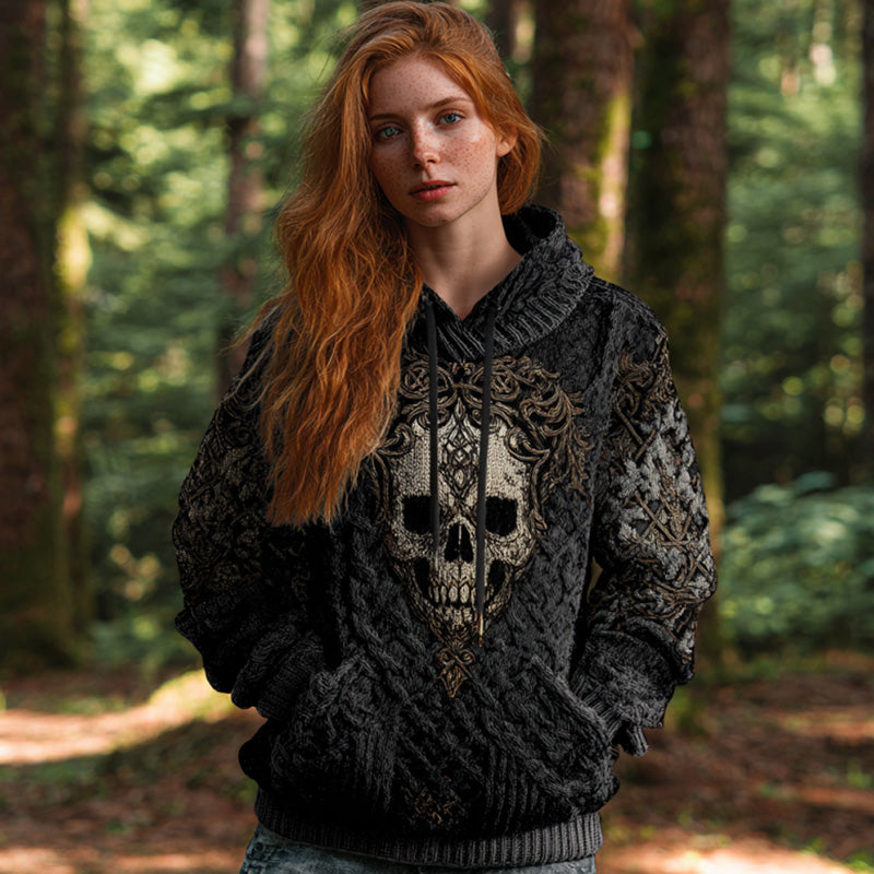 Women's Vintage Viking Tribal Celtic Skull Gradient Art Chunky Knit Hooded Sweater