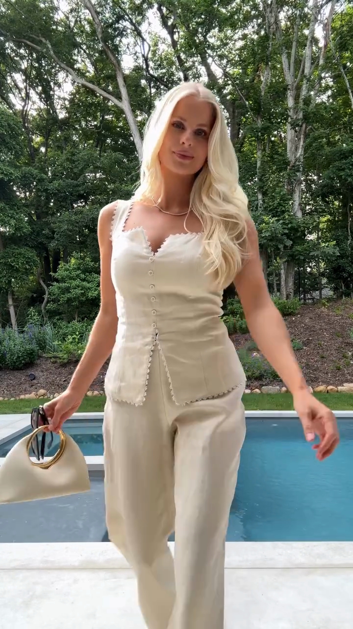 Beige Sleeveless Cropped Top and Wide - leg Pants Set