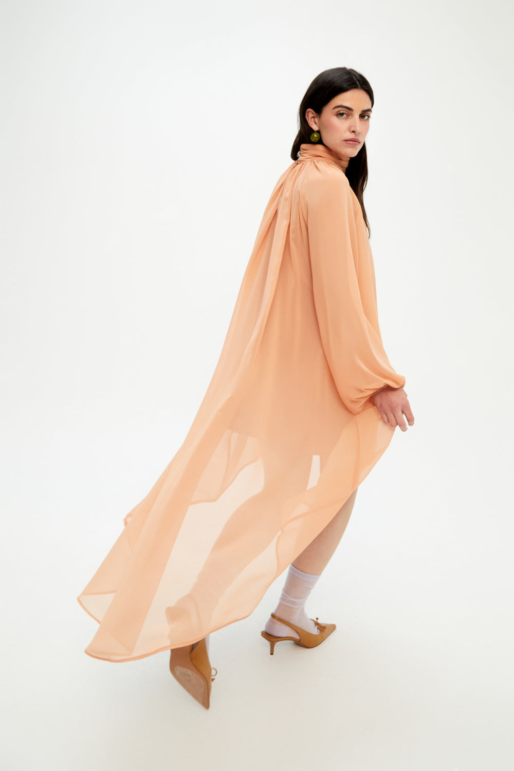 Peach - Colored High - Neck Chiffon Dress