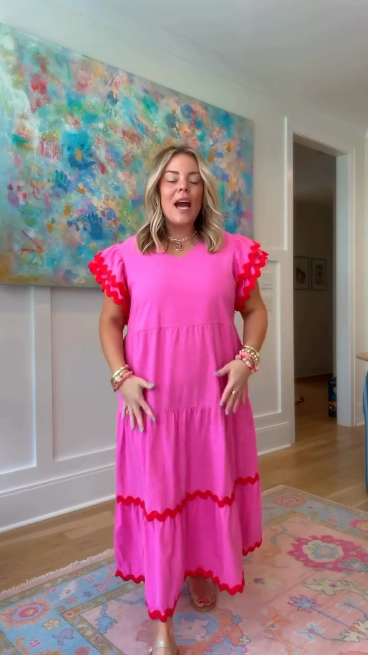 Pink V - neck Tiered Midi Dress with Red Ruffle Trim