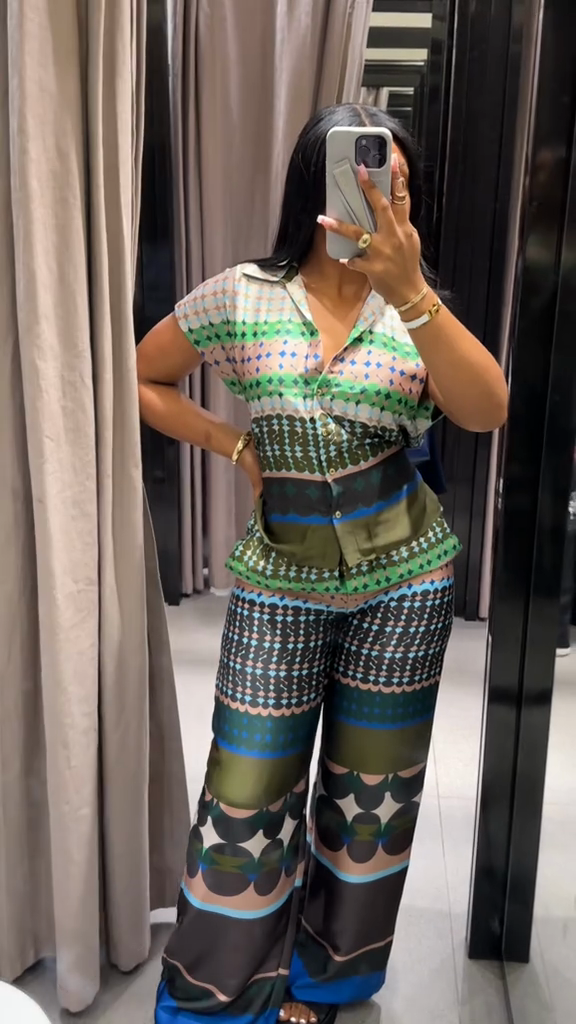 Patterned Short - Sleeve Top and Wide - Leg Pants Set