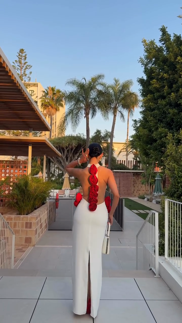 White Halter - Neck Cut - out Maxi Dress with Red Rose Embellishments