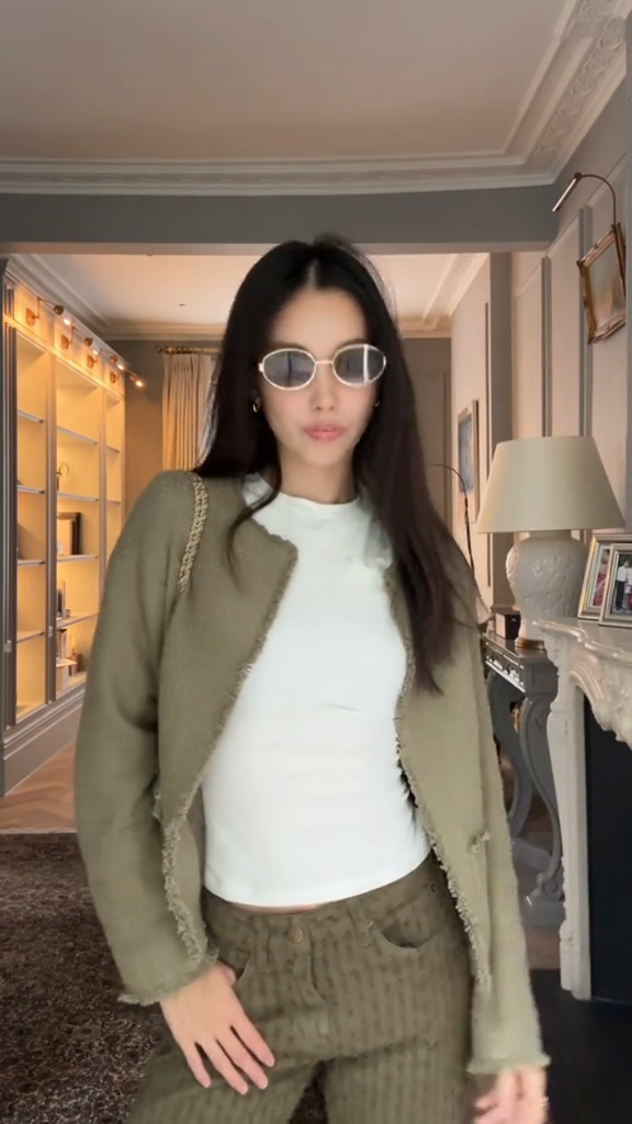 Olive Green Tweed Fringe Trim Jacket