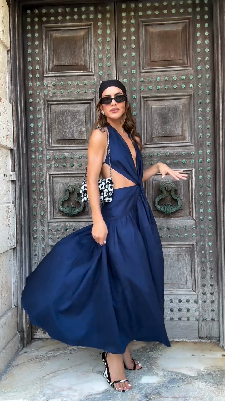 Navy Blue Halter - neck Cut - out Midi Dress