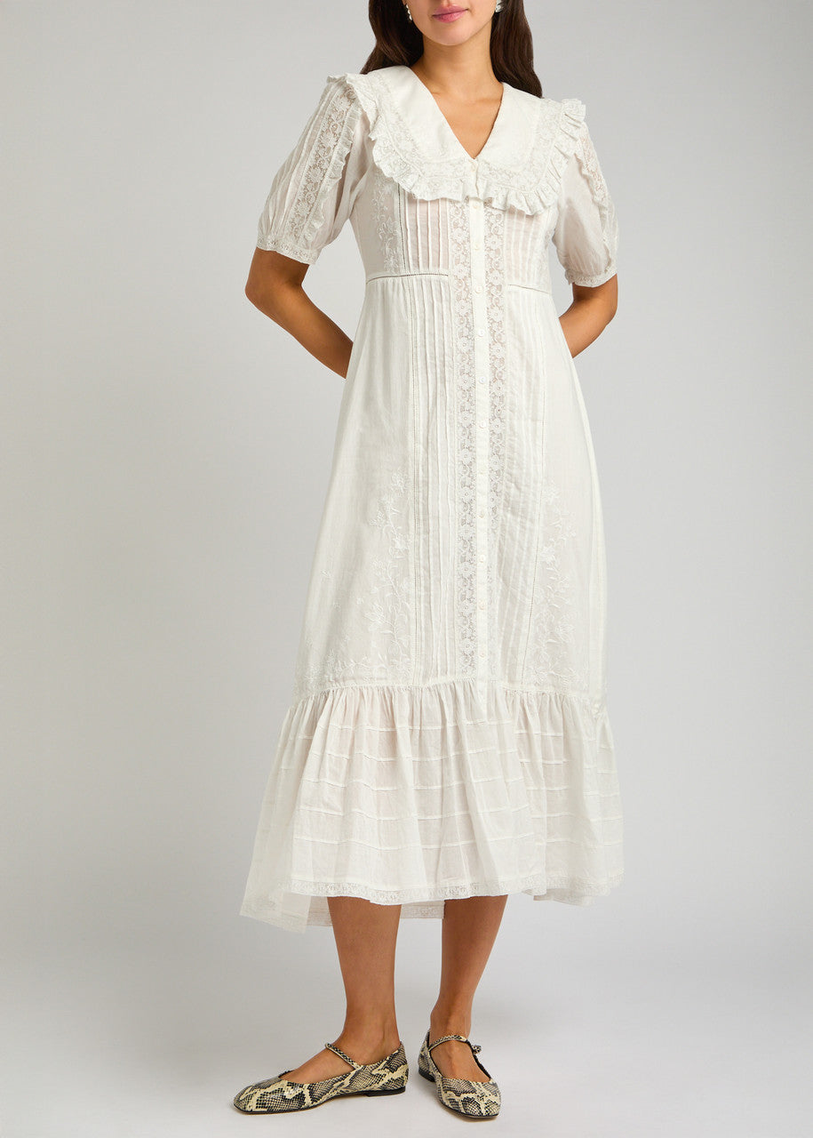 White Embroidered Midi Dress with Ruffled Collar