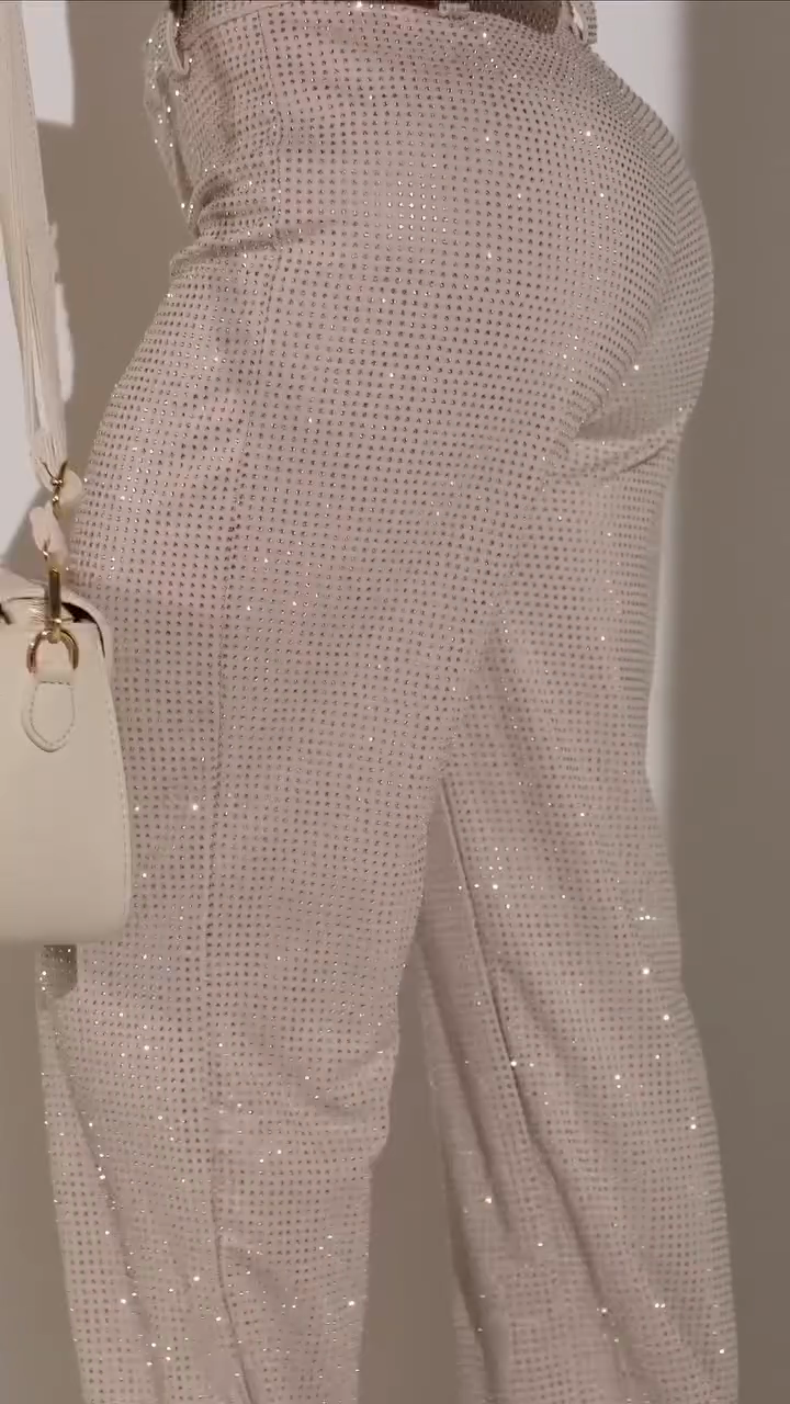 Beige Rhinestone - Embellished Wide - Leg Pants