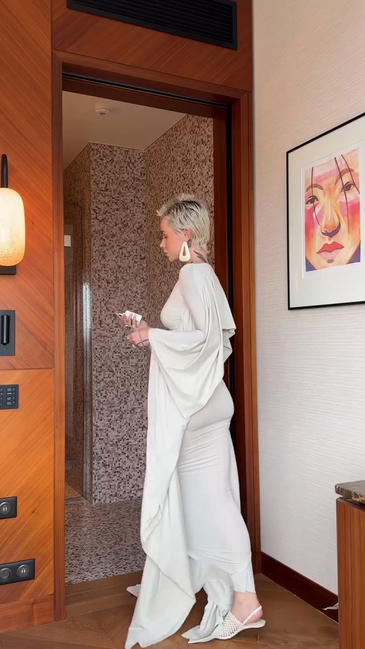 Off - white Ruched Long - sleeve Maxi Dress