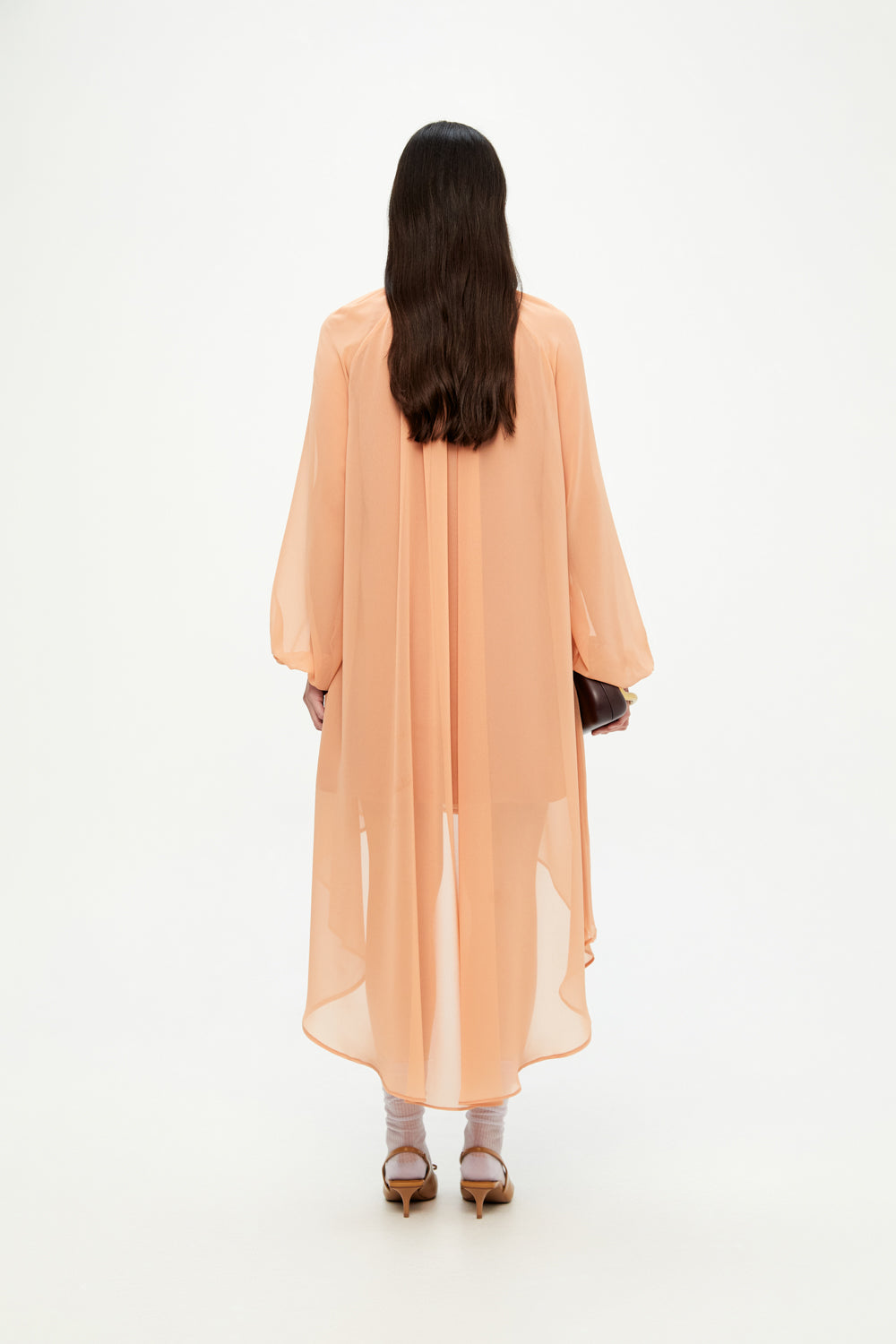 Peach - Colored High - Neck Chiffon Dress