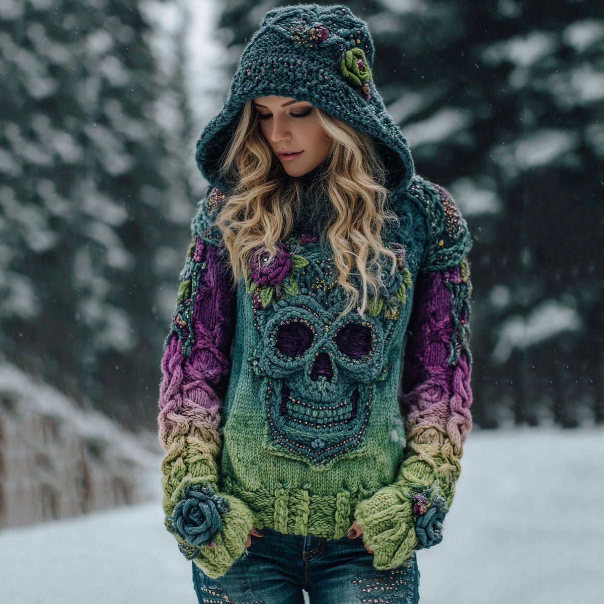 Women's Viking Tribal Jacquard Celtic With Rose And Skull Inspired Chunky Knit Hooded Sweater