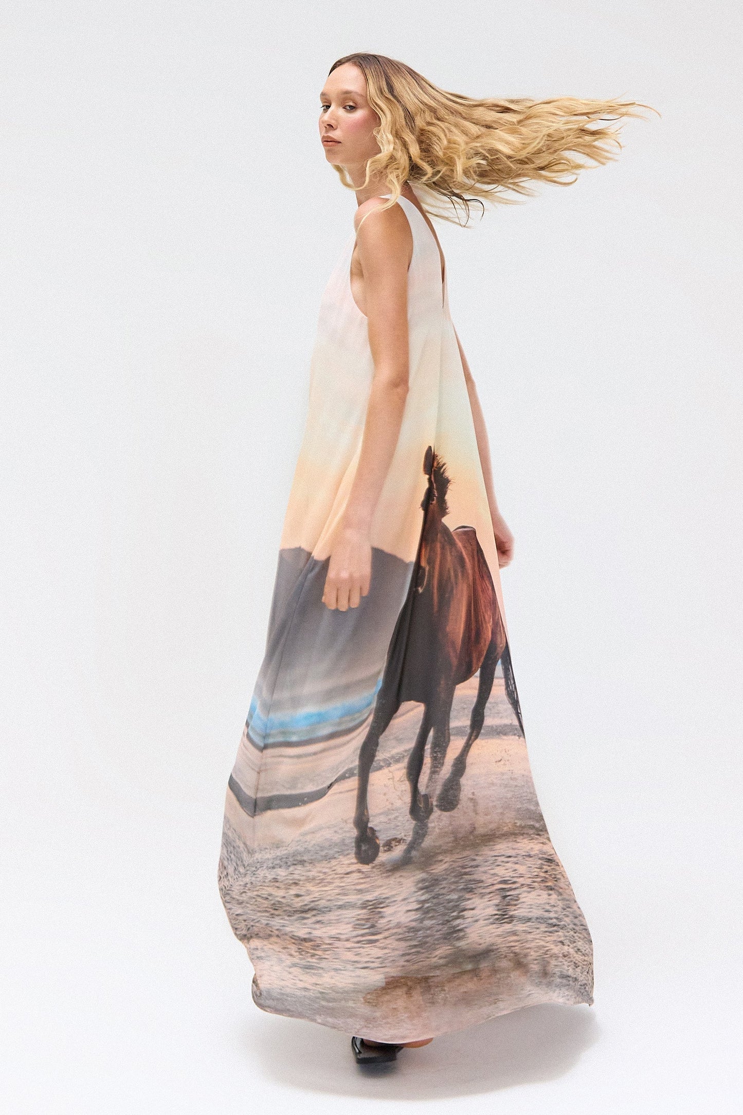 V - Neck Maxi Dress with Horse Print