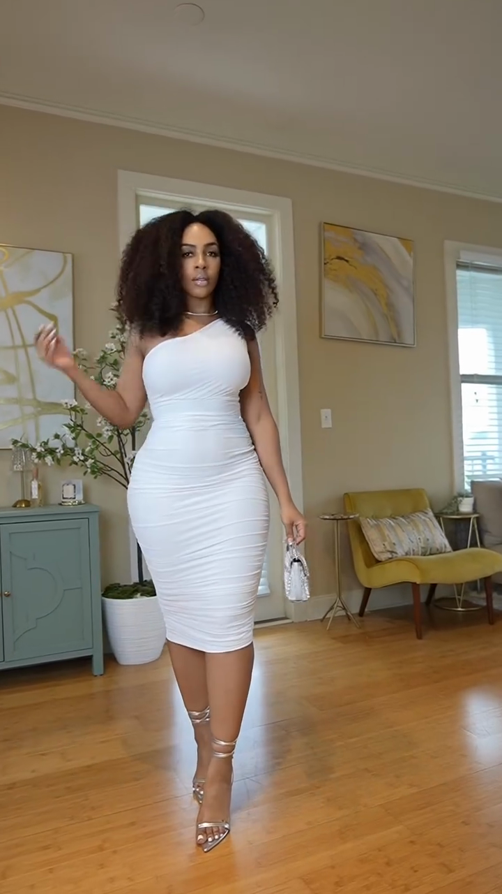 White One - Shoulder Bodycon Midi Dress