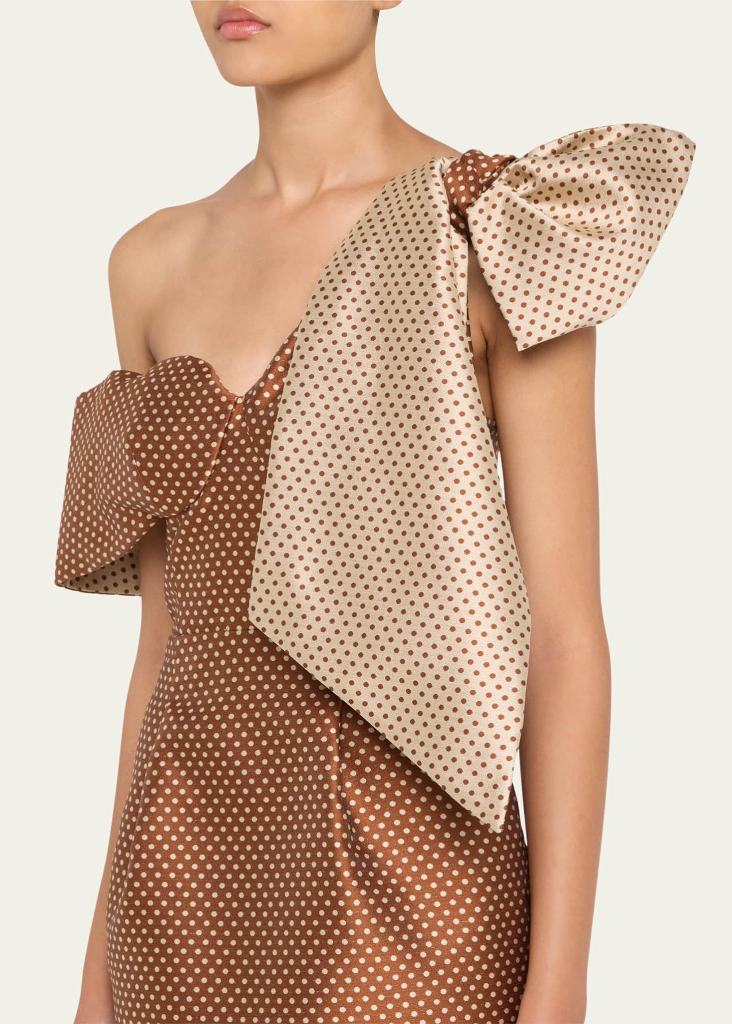 Brown Polka - Dot One - Shoulder Midi Dress with Bow Detail