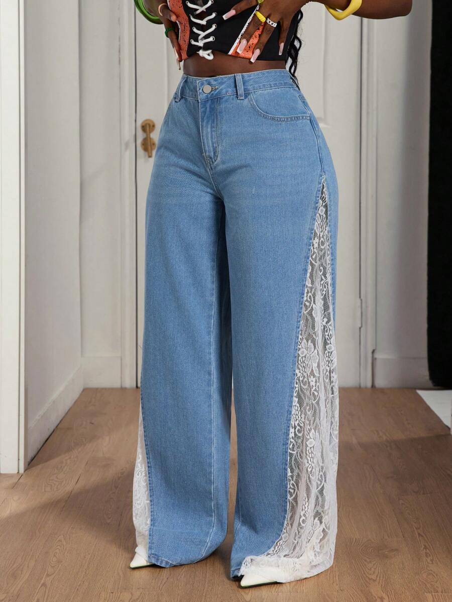 Lace - Paneled Wide - Leg Jeans
