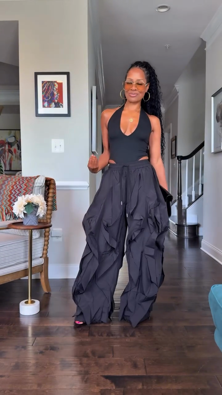 Oversized Black Ruffled Wide - leg Pants