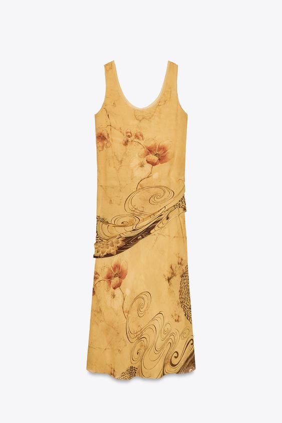 Yellow Floral Print Sleeveless Midi Dress