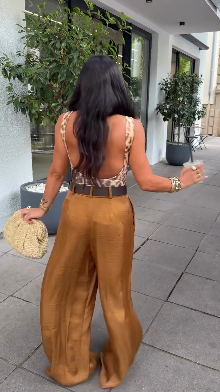 Leopard Print Crop Top & High - Waisted Wide - Leg Pants Set