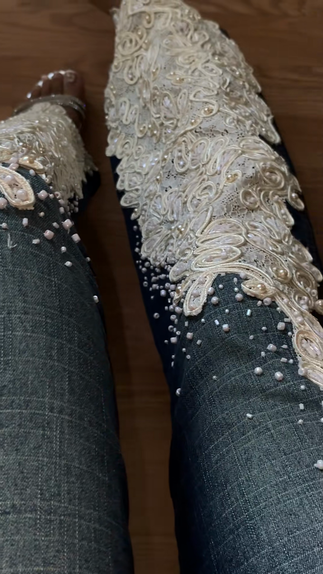 White Embellished Denim Flare Jeans