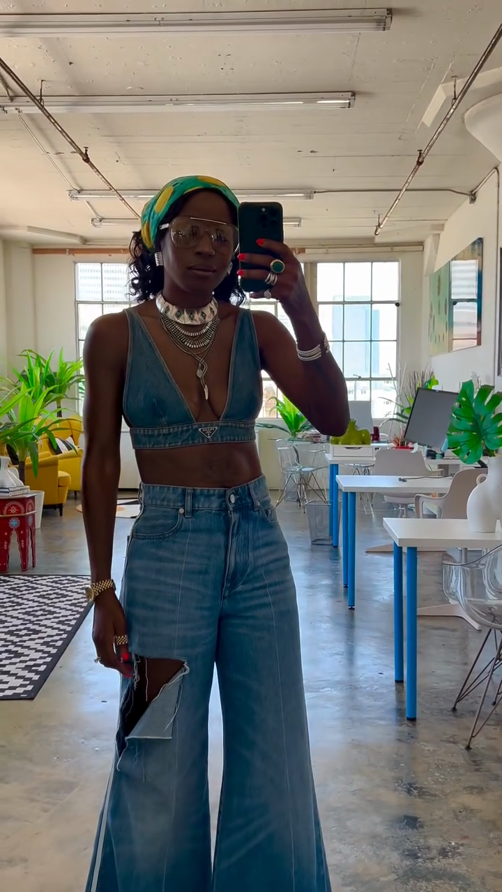Denim Crop Top & Cutout Wide - Leg Jeans Set