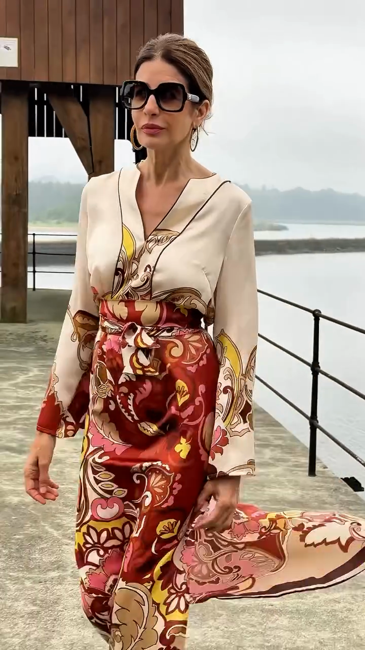 Printed Satin Midi Dress with Belt