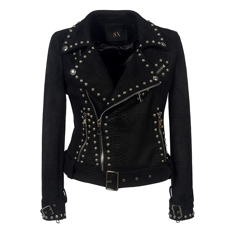 Women's Lapel Zipper Leather Jacket with Punk Studs