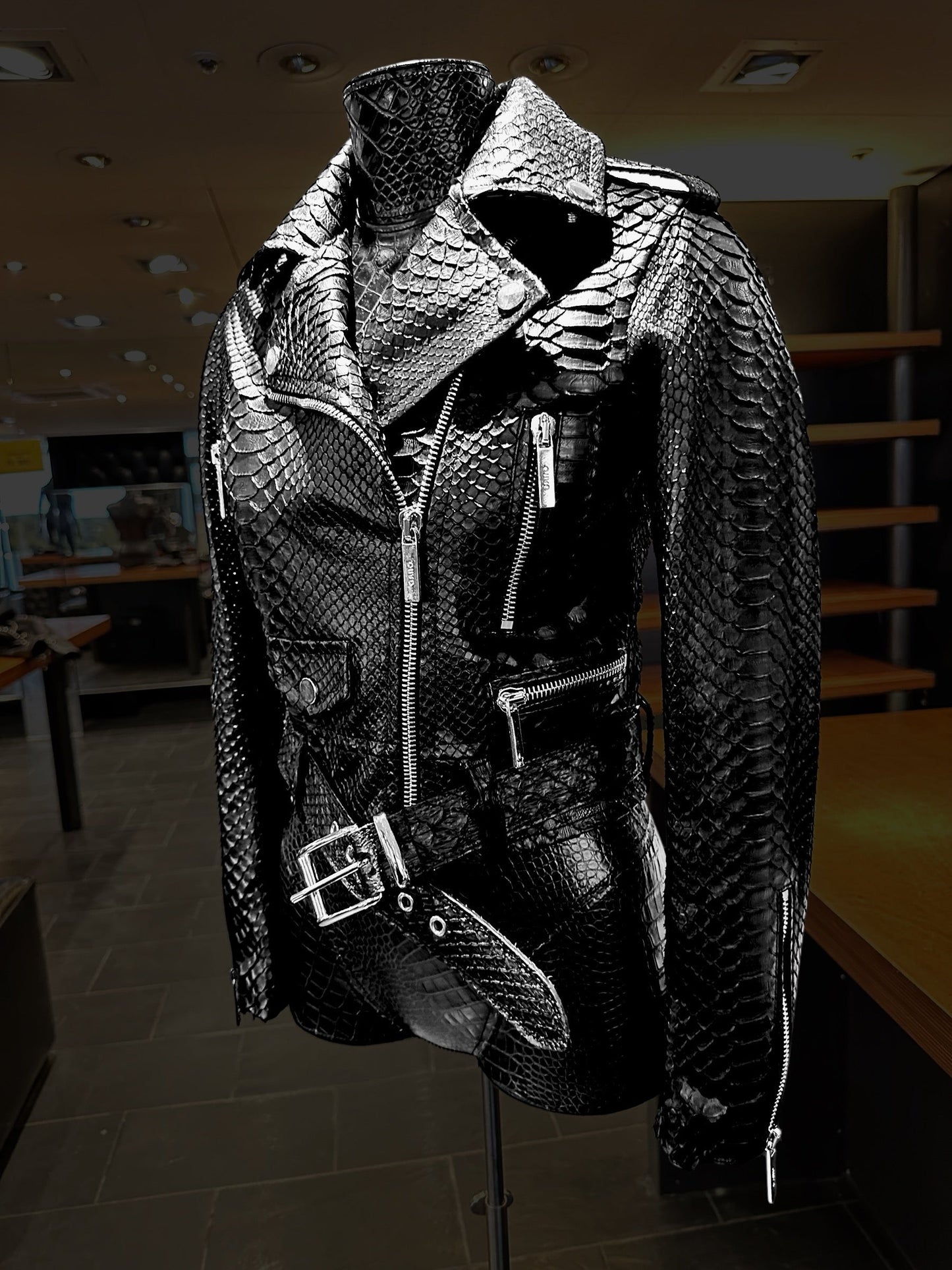 Black Python - Embossed Leather Moto Jacket