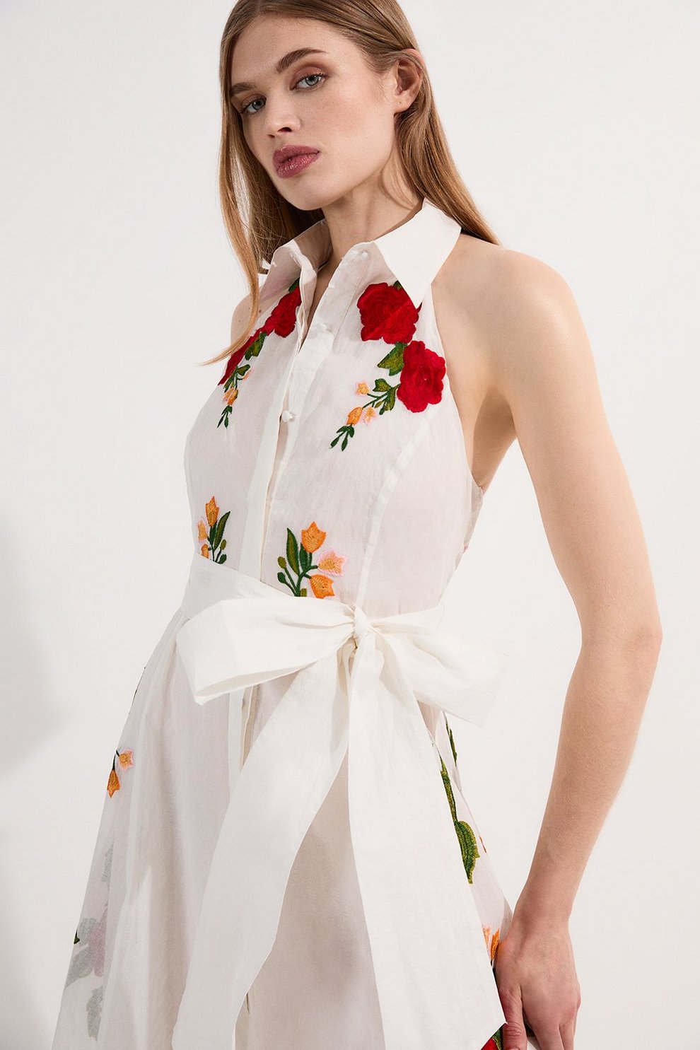 White Floral - Embroidered Halter Maxi Dress