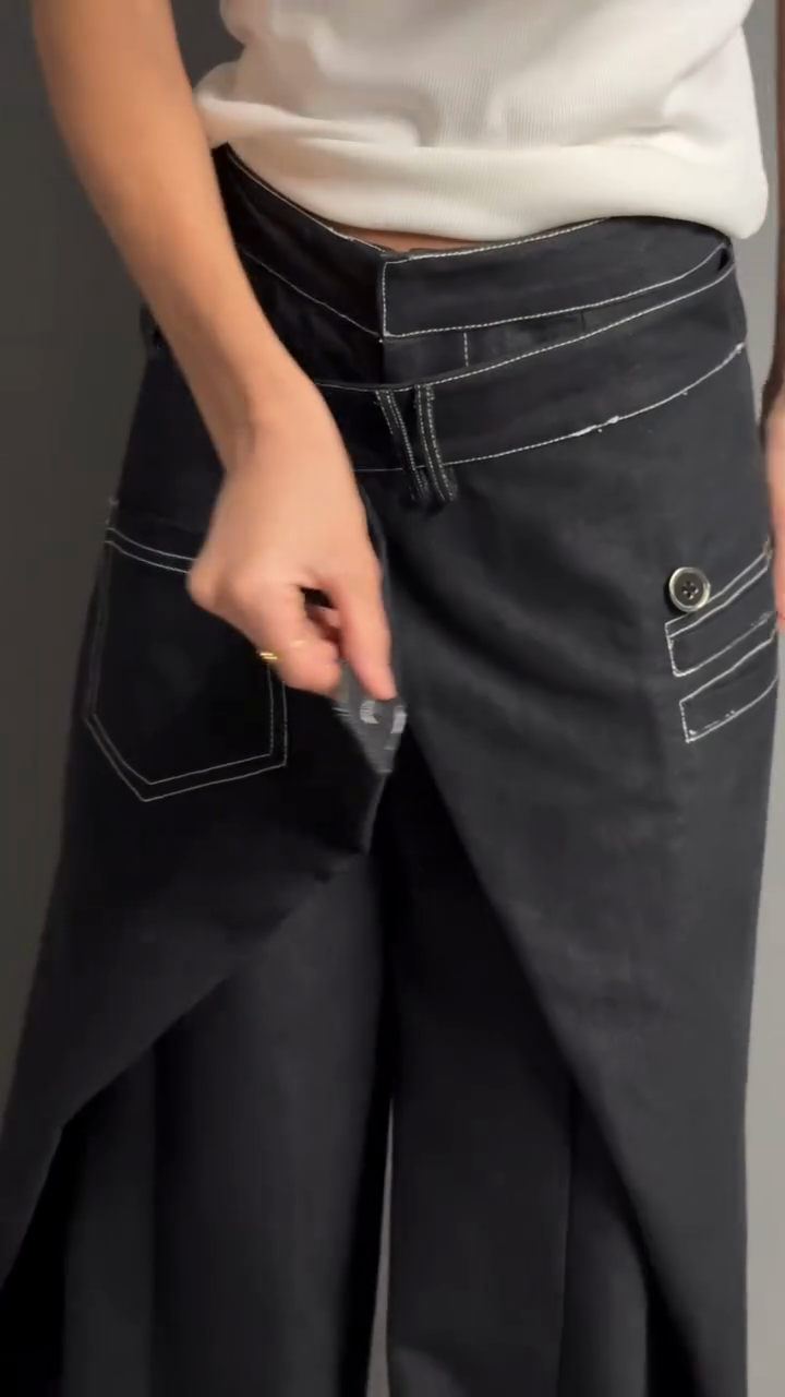 Black Wide - leg Pants with White Stitching Detail