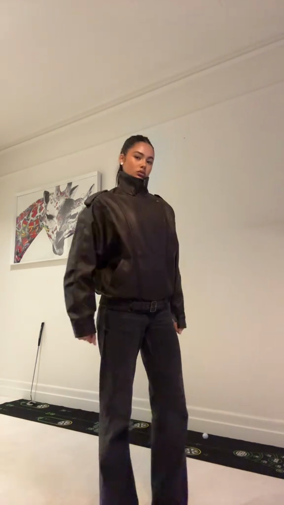 Black Faux Leather Belted Bomber Jacket